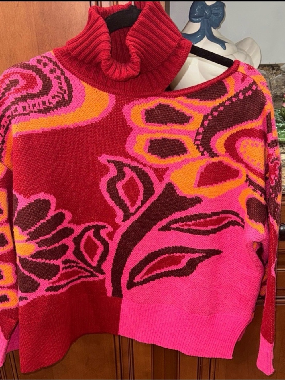 FARM Rio Pink, Red & Orange Floral-Print Turtleneck Sweater